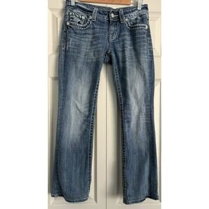 Miss Me Jeans Light Wash Low-Rise Boot Cut Embellished Black Silver Bling 27x33
